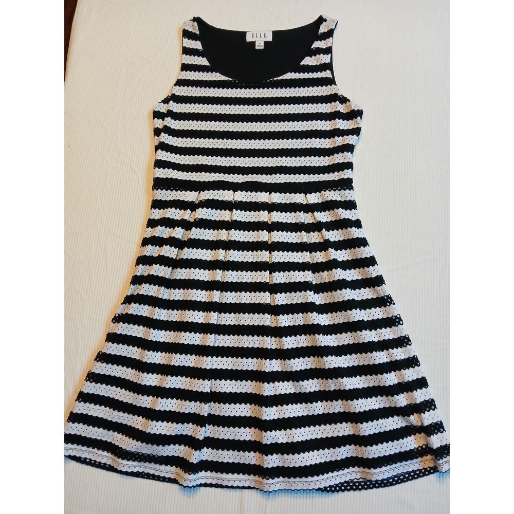 ELLE Womens Dress Size 10 Black White Stripe Lined Zip Up Casual, Party NWOT!